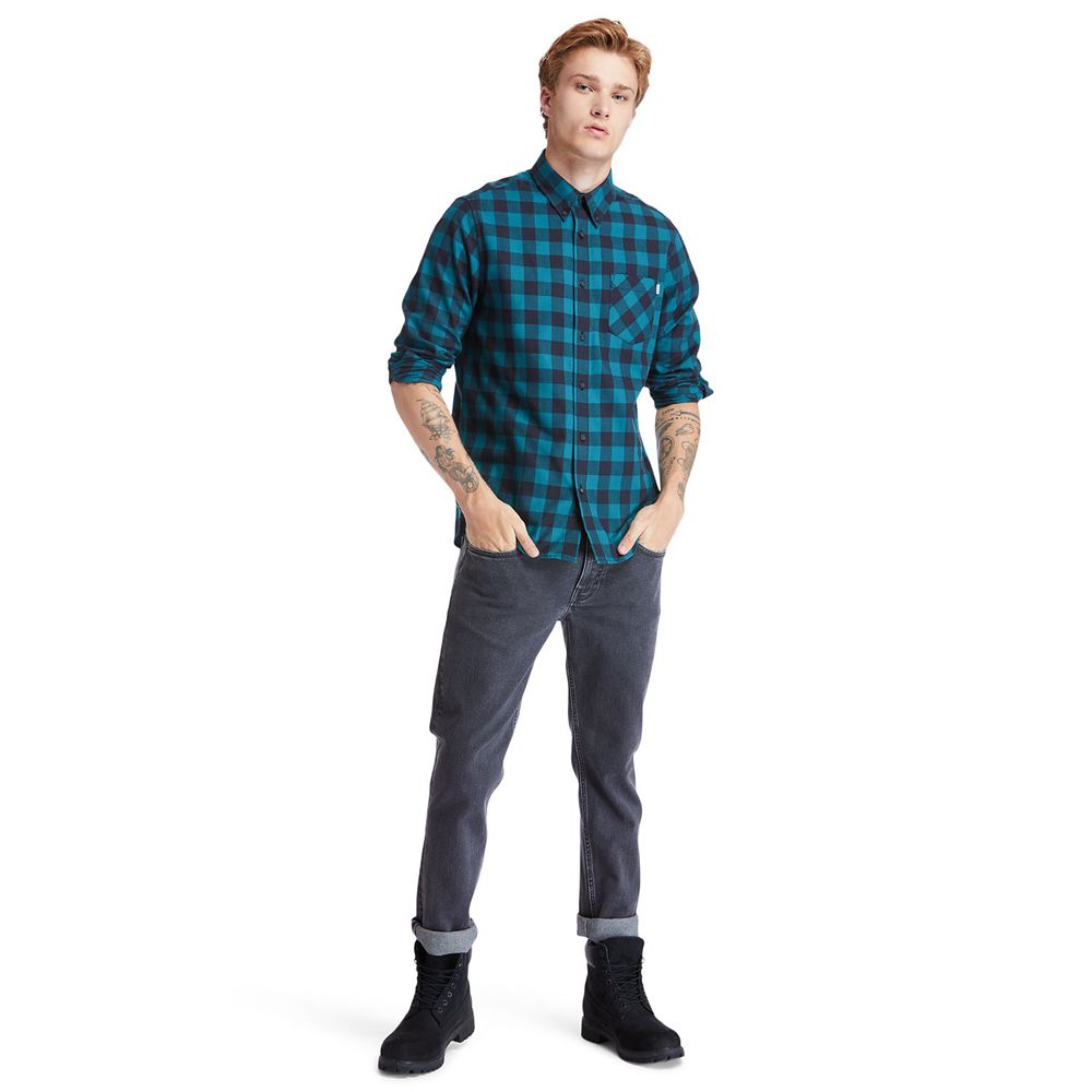 Camasi Timberland Barbati Albastri/Negrii - Nashua River Long-Sleeve Flannel Check - Romania - JXRDM